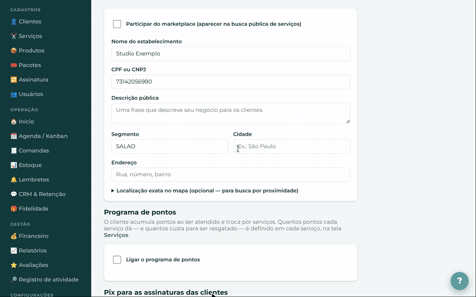 Cadastrar a chave Pix em Perfil & Marketplace